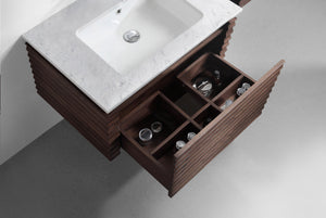 the loom 1400 twin vanity, hand crafted in a black walnut waved finish