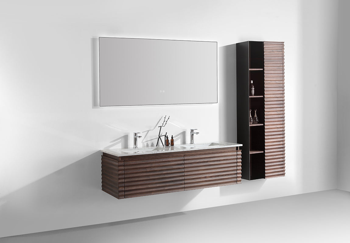 the loom 1400 twin vanity, hand crafted in a black walnut waved finish
