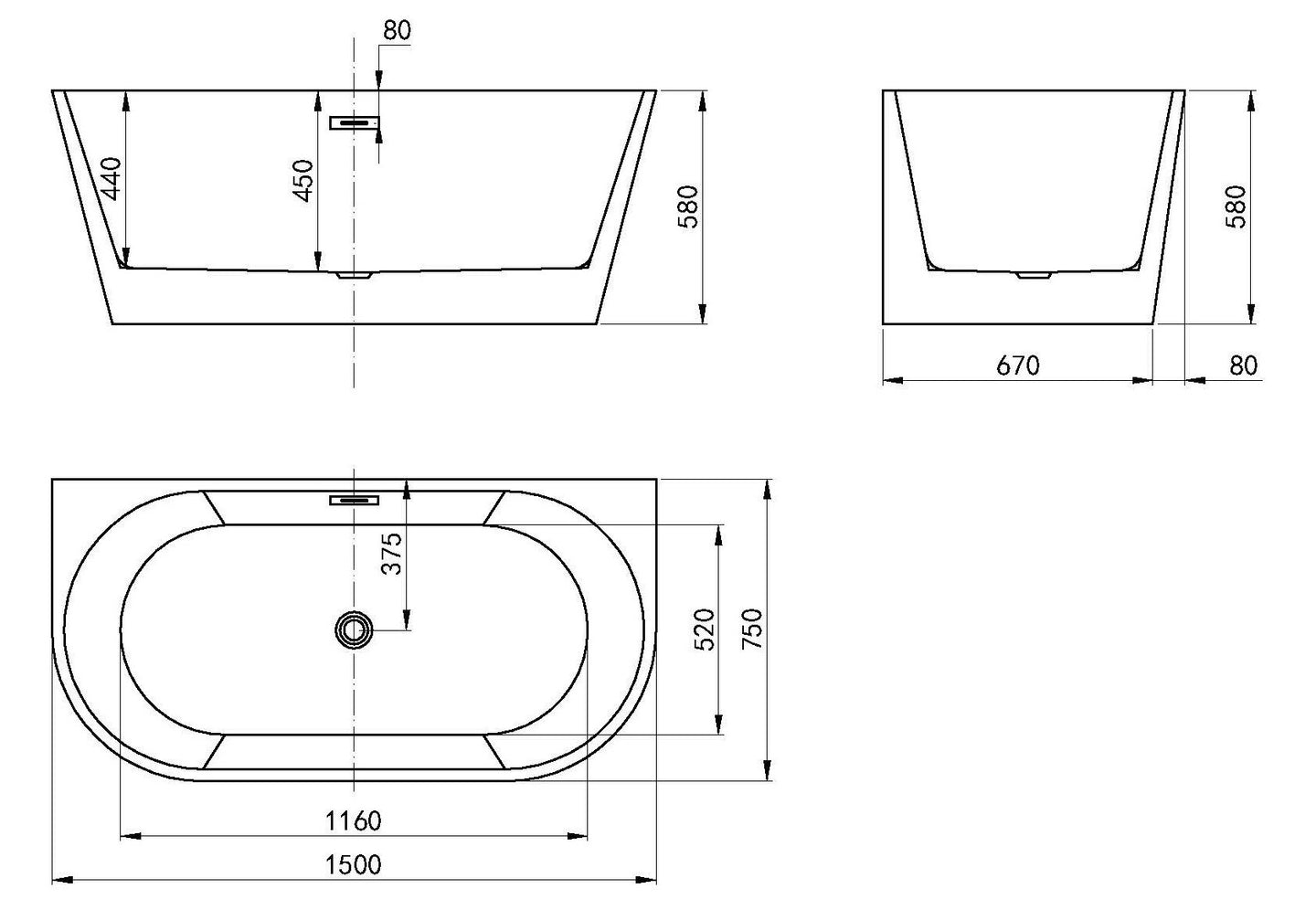 Verona oval back to wall bath